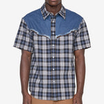 Denim & Check Raw Cut Shirt Blue