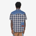 Denim & Check Raw Cut Shirt Blue