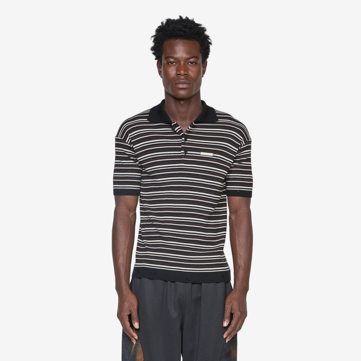 Stripe Polo Sweater Black | Brown Front