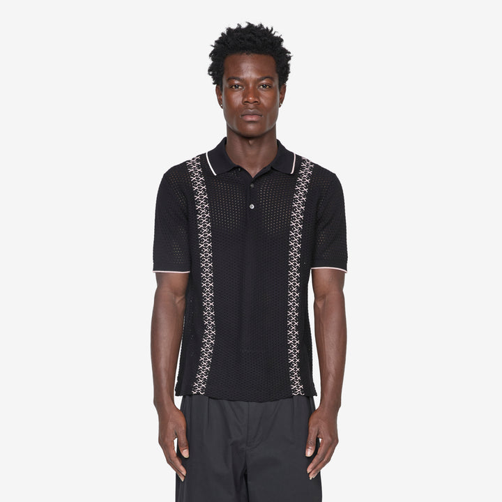 Knit Polo Mesh Stripe Black Front