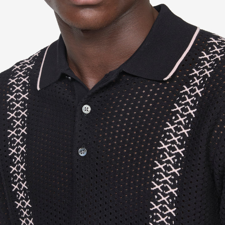 Knit Polo Mesh Stripe Black