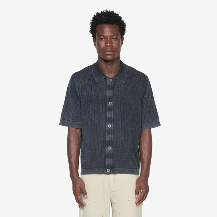 Washed Pointelle Buttondown Black Front
