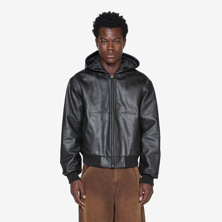 Hooded Leather Work Jacket Black Front