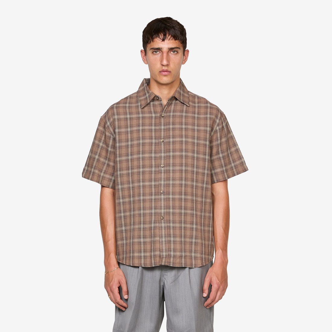 Drop Short Sleeve Shirt Brown Check Shirts