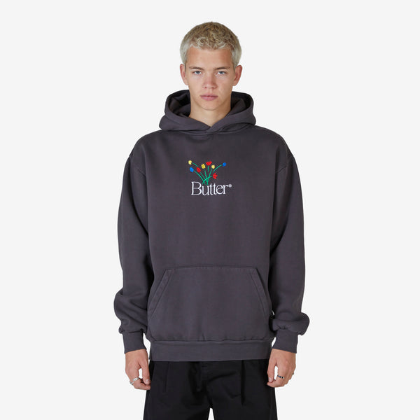 Bouquet Embroidered Pullover Hood Washed Black