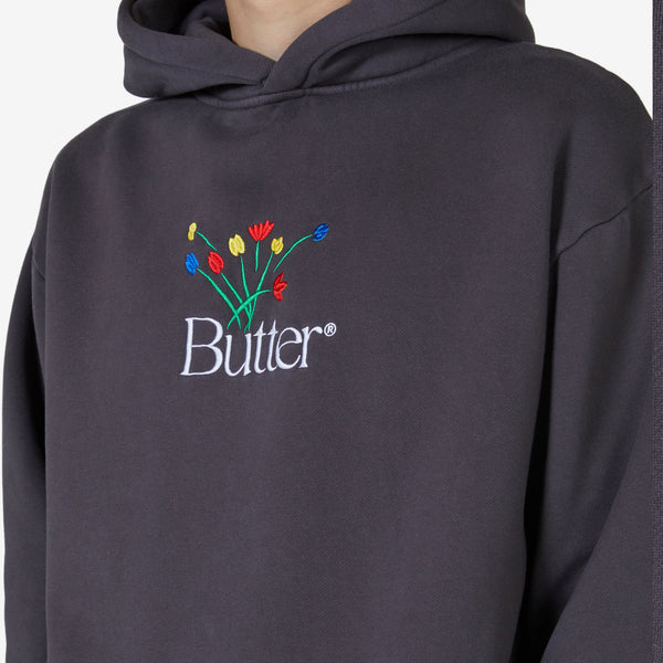 Bouquet Embroidered Pullover Hood Washed Black