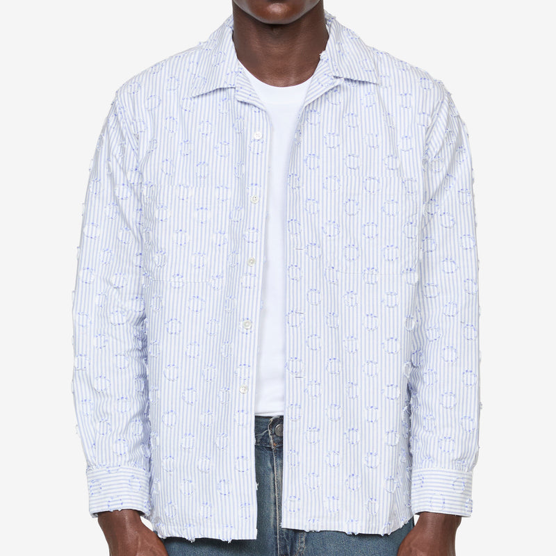Open Collar Burnout Dot Candy Stripe Shirt Blue Stripe Shirts