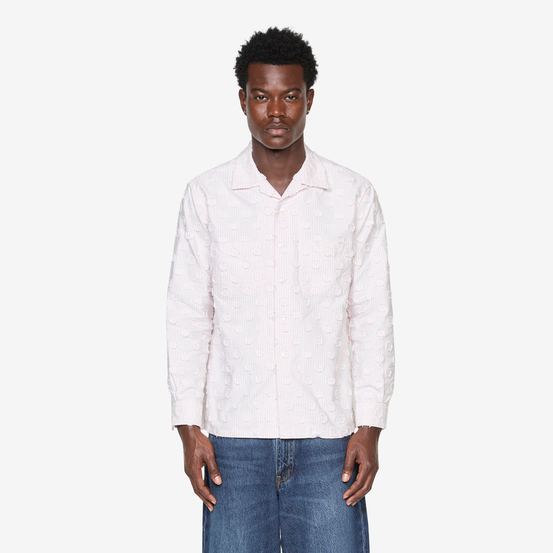 Open Collar Burnout Dot Candy Stripe Shirt Pink Stripe Shirts