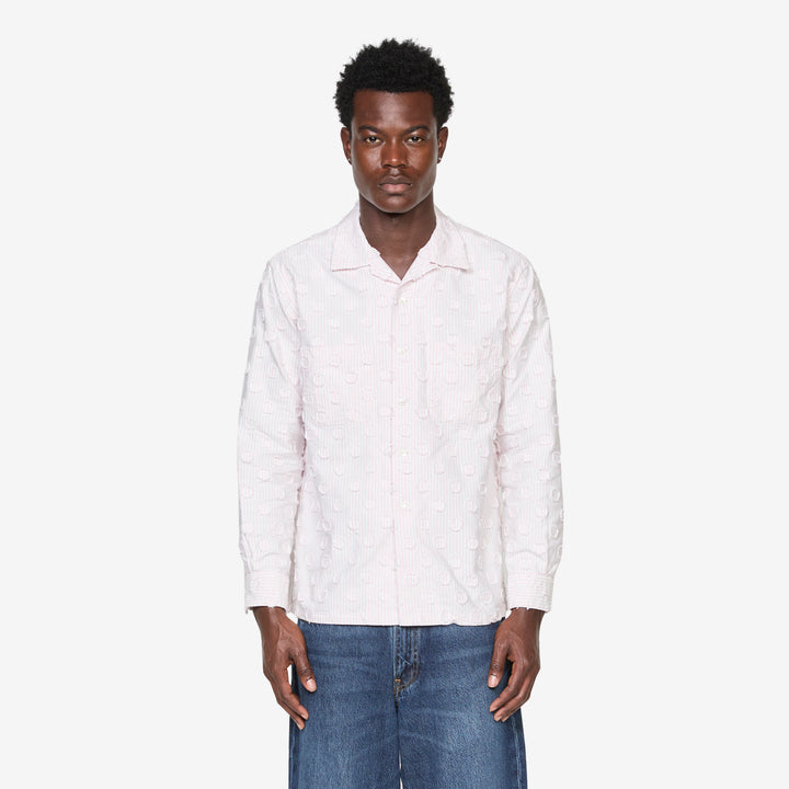 Open Collar Burnout Dot Candy Stripe Shirt Pink Stripe Front