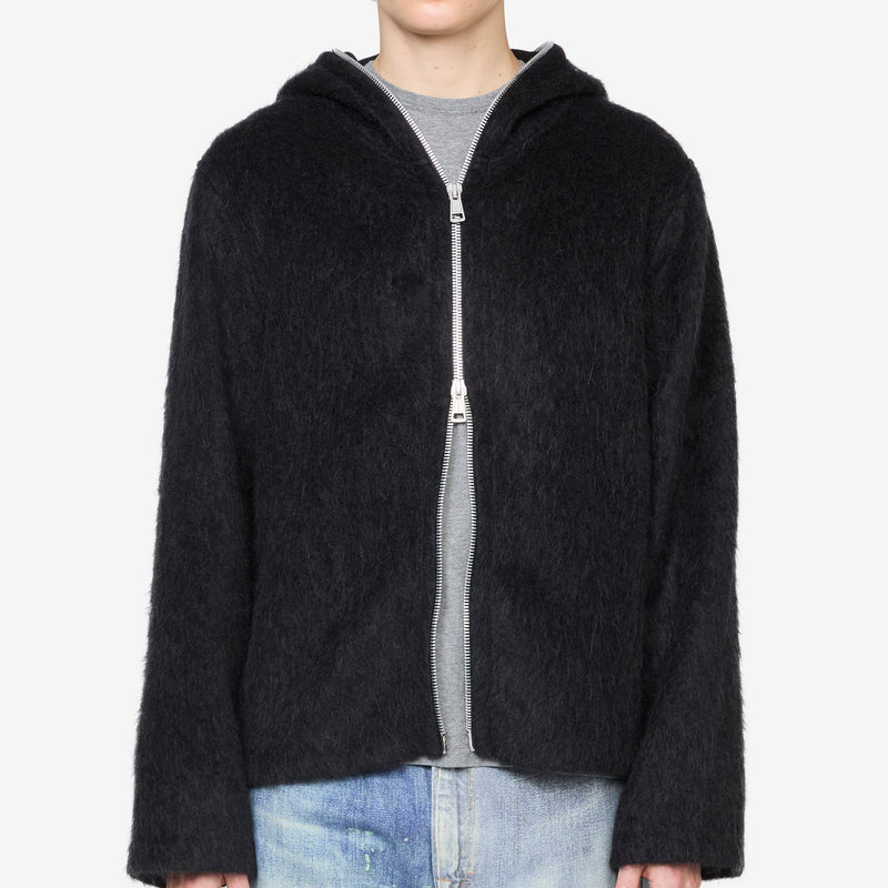 Full Zip Hood Black Hairy Wool Jackets