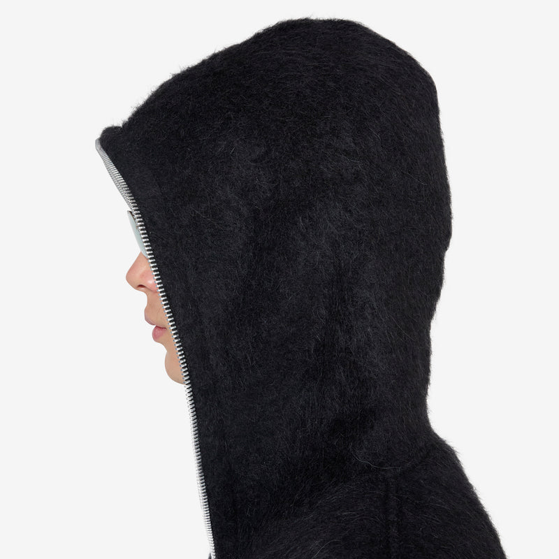Full Zip Hood Black Hairy Wool Jackets
