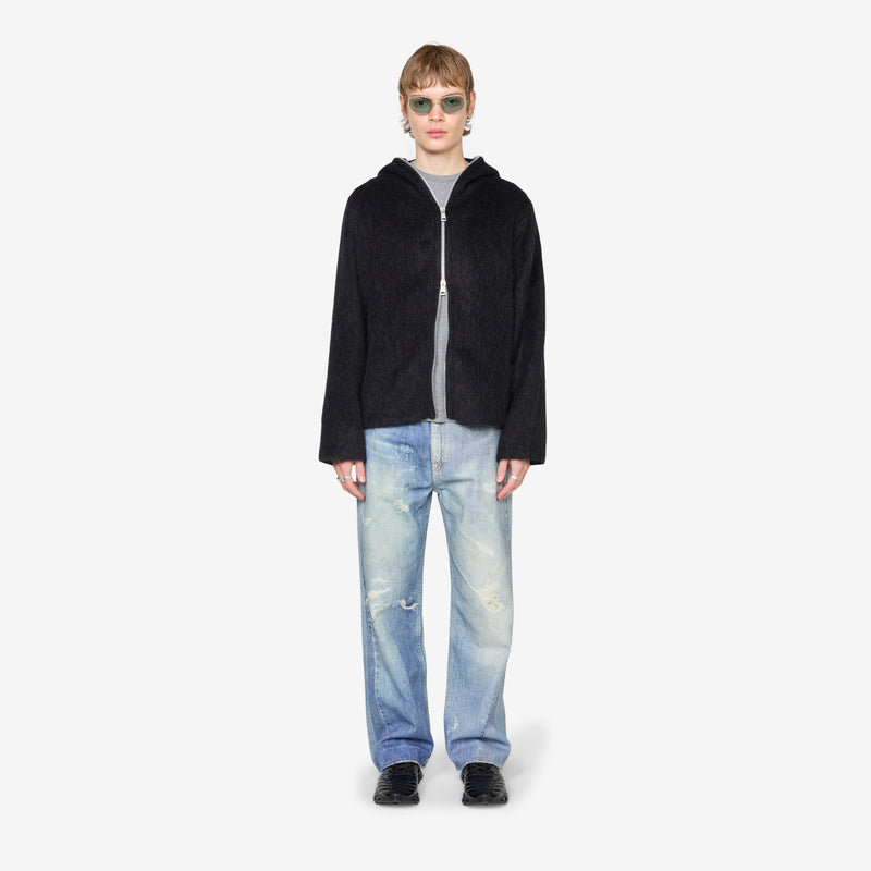 Full Zip Hood Black Hairy Wool Jackets