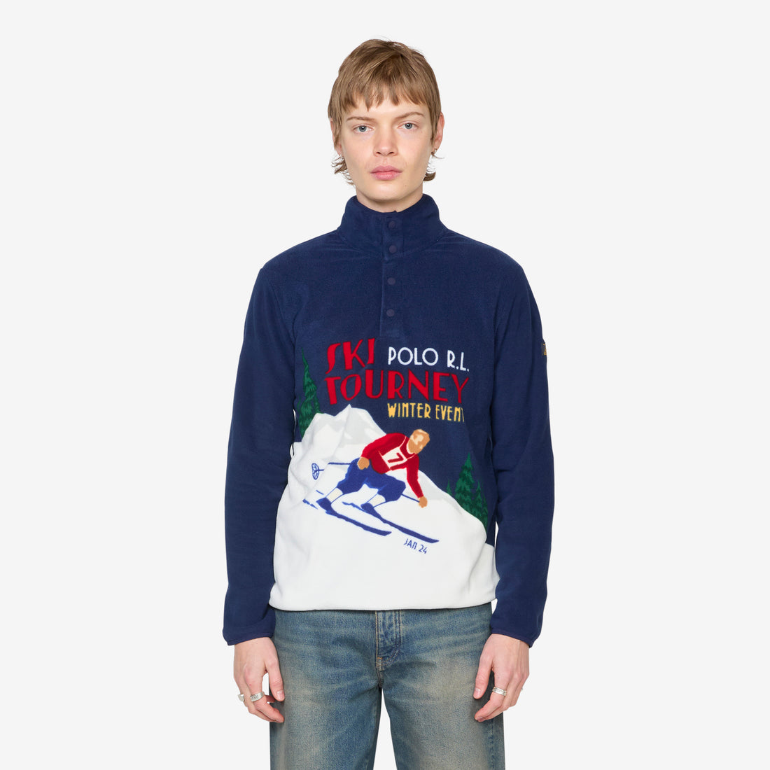 Skier Print Brushed Fleece Pullover RL Navy Multi Jumpers