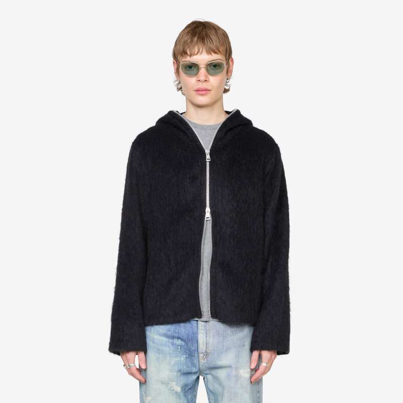 Full Zip Hood Black Hairy Wool Jackets