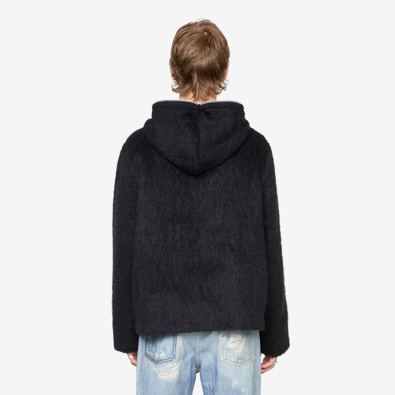 Full Zip Hood Black Hairy Wool Jackets