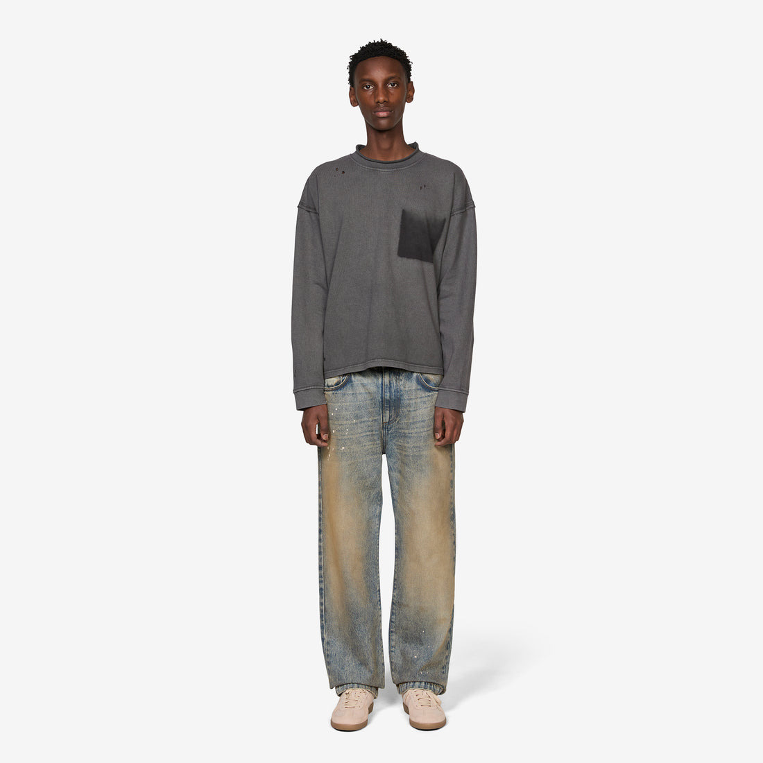 Rolled Neck Longsleeve T-Shirt Destroyed Grey Tees