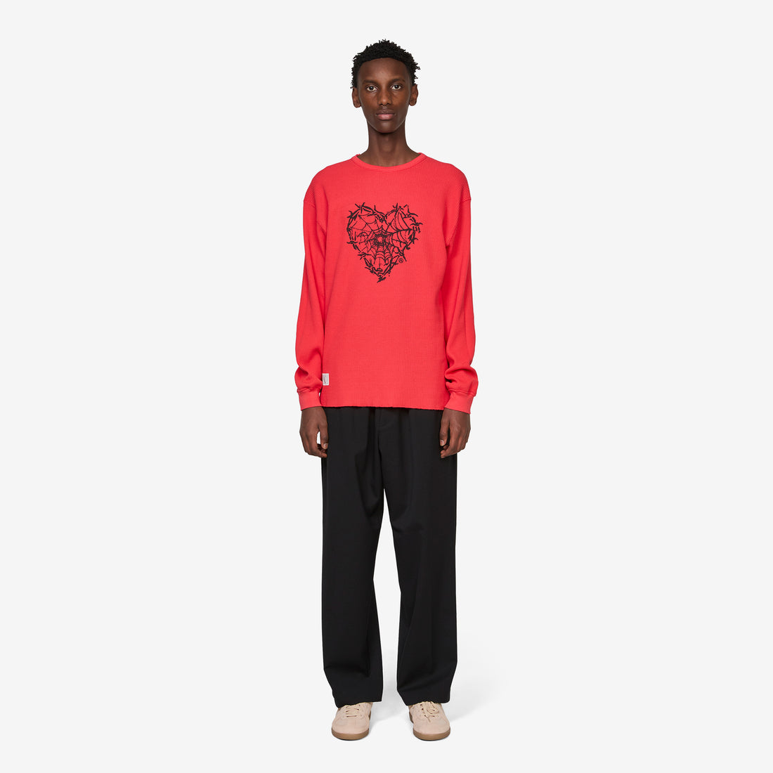 Reversible Barbed Love Temple Waffle Longsleeve T-Shirt Red Tees