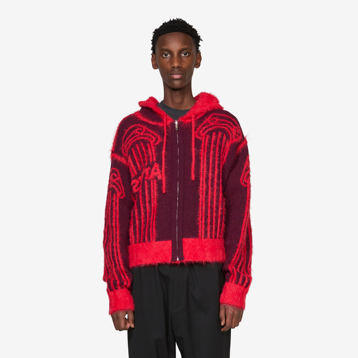 Fluffy Column Chenille Reversible Zip Thru Hoodie Red
