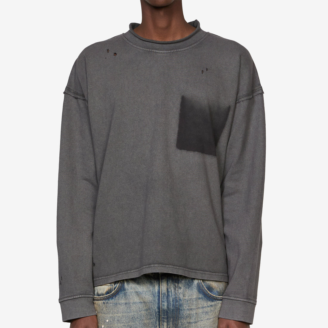 Rolled Neck Longsleeve T-Shirt Destroyed Grey Tees