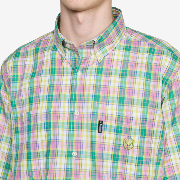 Alieno Embroidered Check Shirt Green | Pink