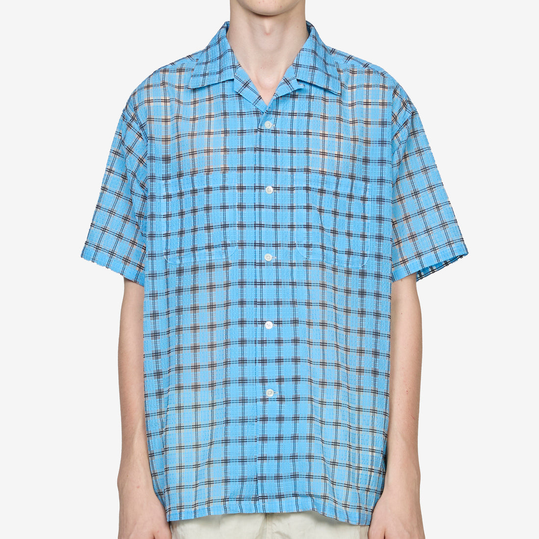 Open Collar Shirt Nylon Airy Plaid Sax Shirts