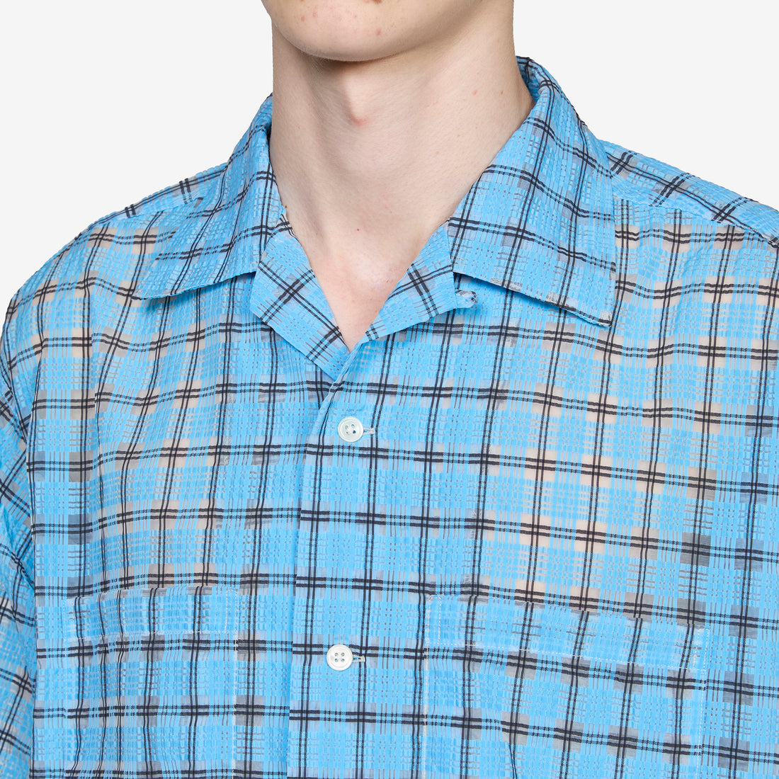 Open Collar Shirt Nylon Airy Plaid Sax Shirts