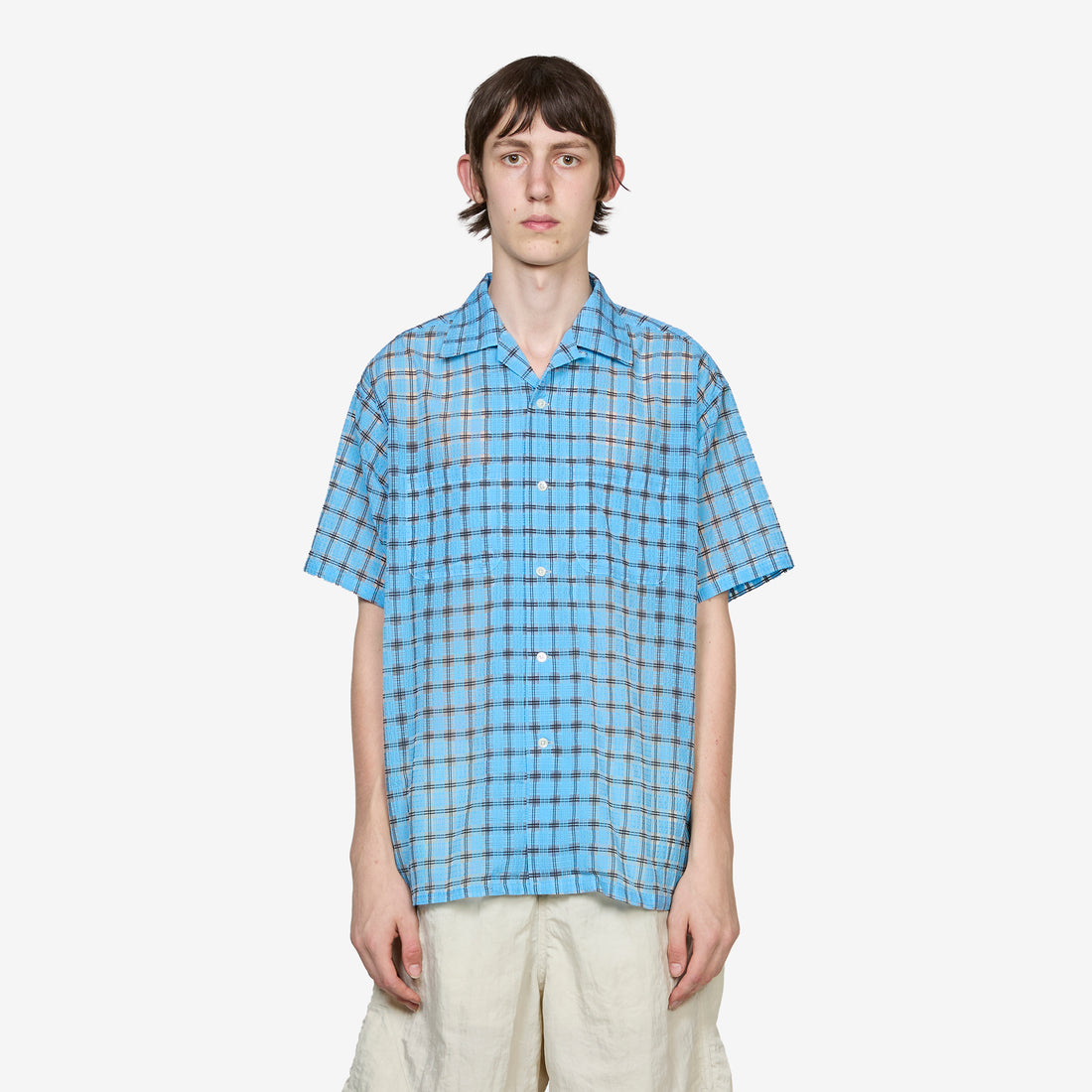 Open Collar Shirt Nylon Airy Plaid Sax Shirts