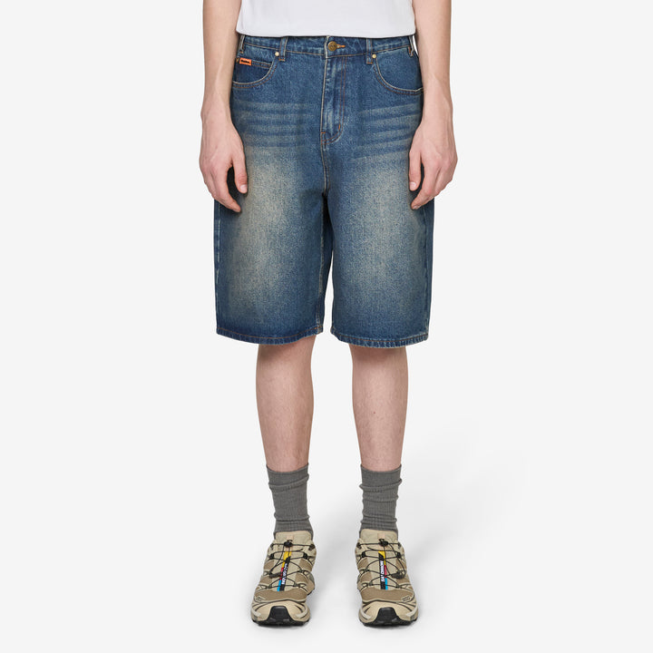 Baggy Denim Shorts Distressed Indigo Front