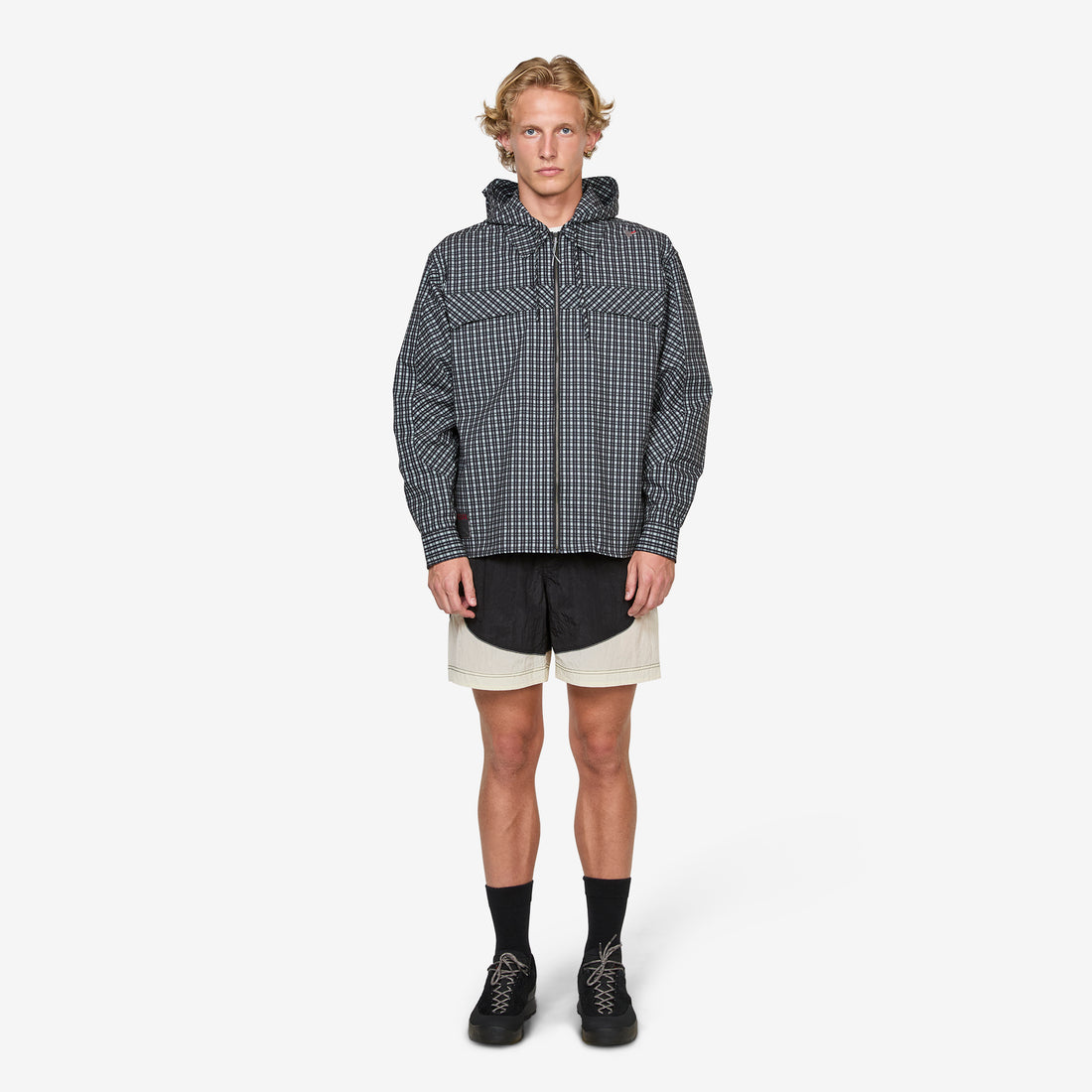 Aair Floweave Printed Check Long Sleeve Hooded Shirt Anthracite Shirts