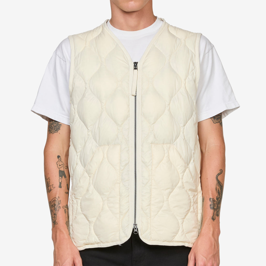 Military W-Zip V-Neck Soft Shell Down Vest Off White Jackets