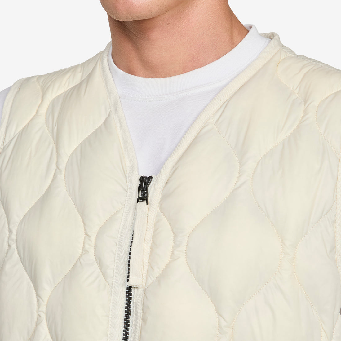 Military W-Zip V-Neck Soft Shell Down Vest Off White Jackets