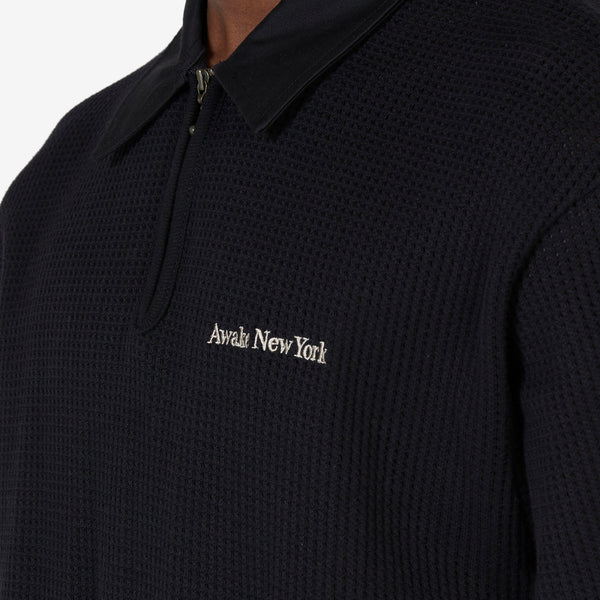 Open Knit Embroidered Polo Black