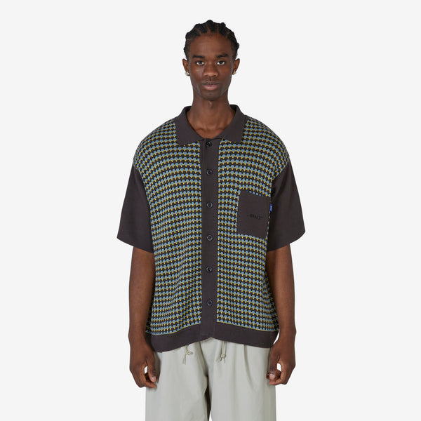 Knit Crochet Short Sleeve Button Down Brown Multi