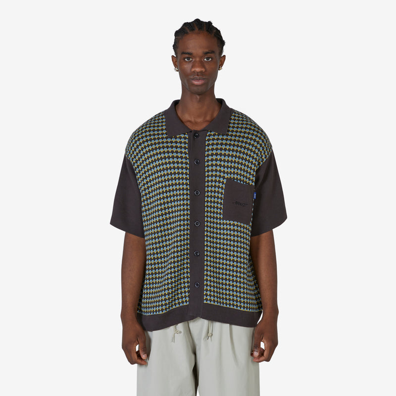 Knit Crochet Short Sleeve Button Down Brown Multi