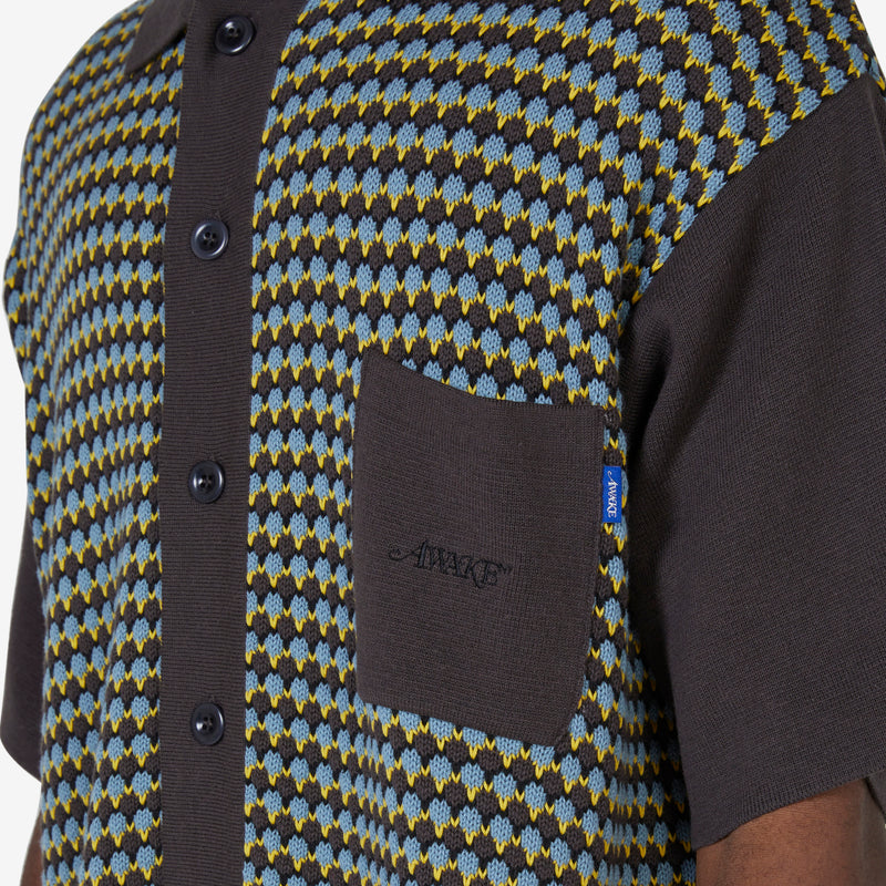Knit Crochet Short Sleeve Button Down Brown Multi