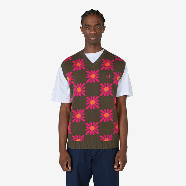 Checkered Floral Sweater Vest Brown Floral