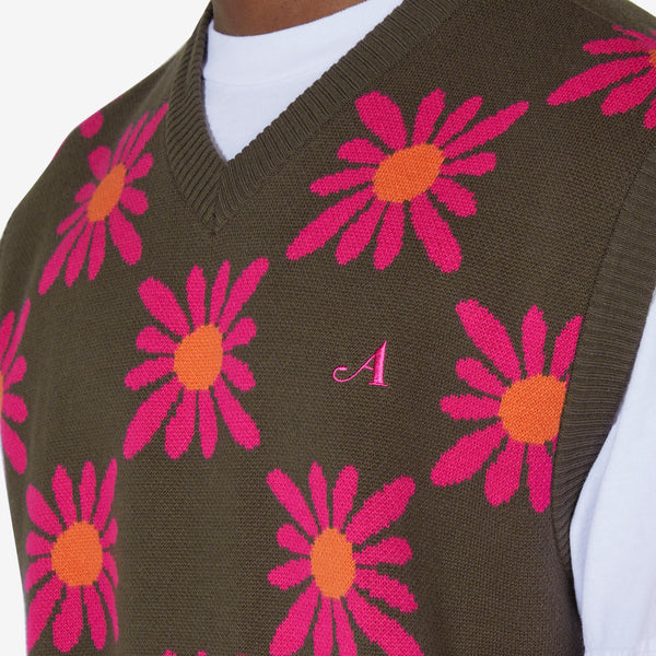 Checkered Floral Sweater Vest Brown Floral