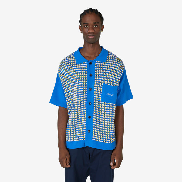 Knit Crochet Short Sleeve Button Down Blue Multi