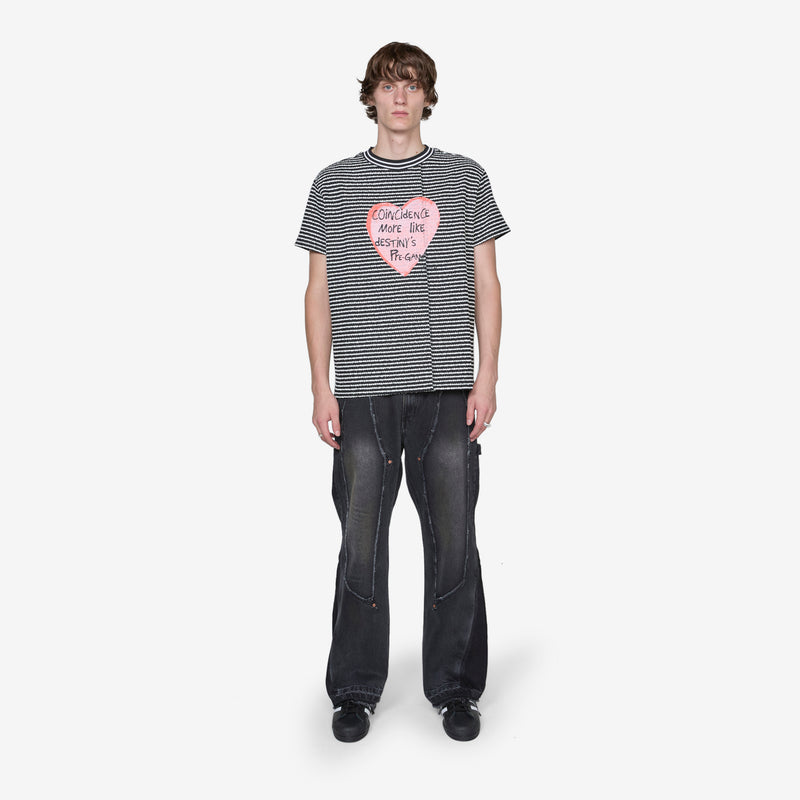 Heart Message Stripe Crewneck Sweater Black Tees