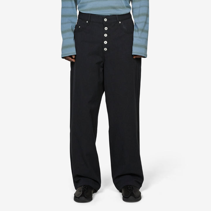 Loose Cut Jeans Black Rinse Wash Linen Canvas Front