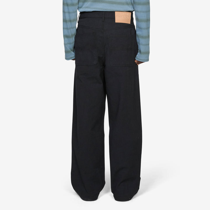 Loose Cut Jeans Black Rinse Wash Linen Canvas