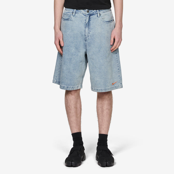 'Your Message Here' Indigo Denim Shorts Blue Denim | Black | Safety Orange Front