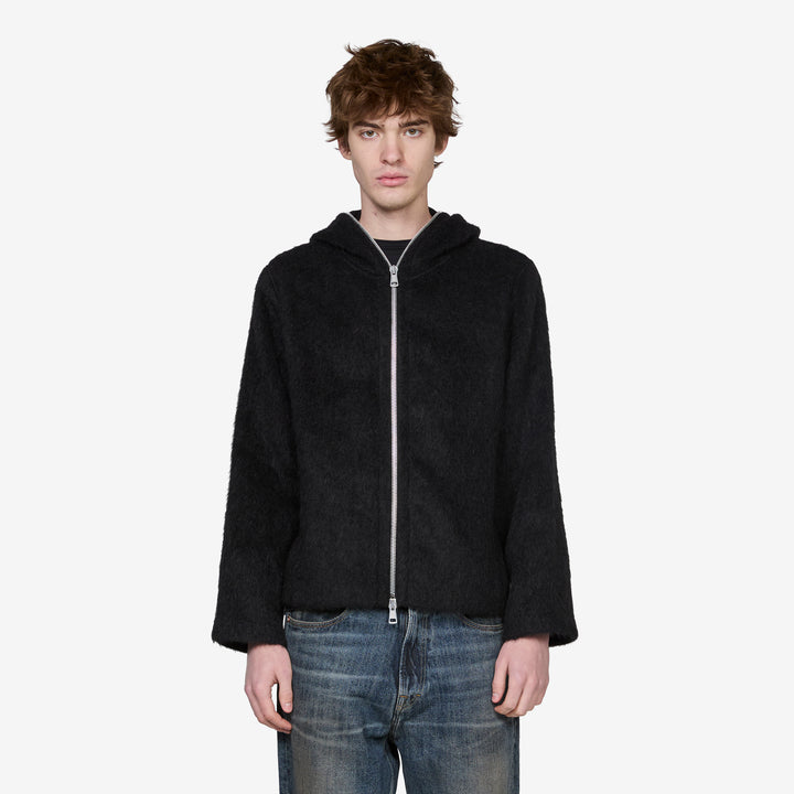 Full Zip Hood Black Hairy Wool Front