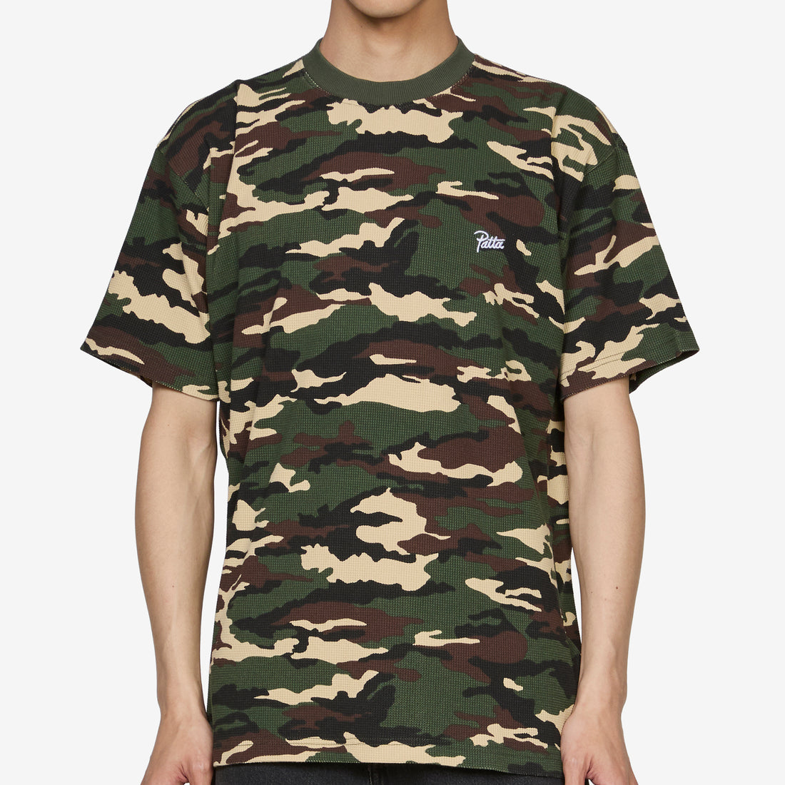 Waffle Script Logo T-Shirt Woodland Camo Tees