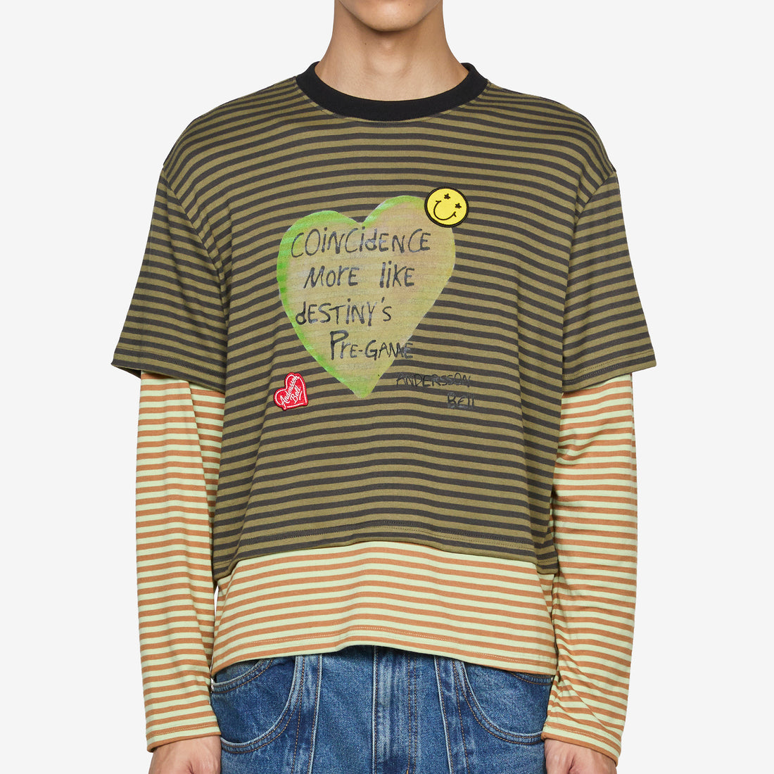 Heart Message Stripe Layered Longsleeve T-Shirt Khaki Tees