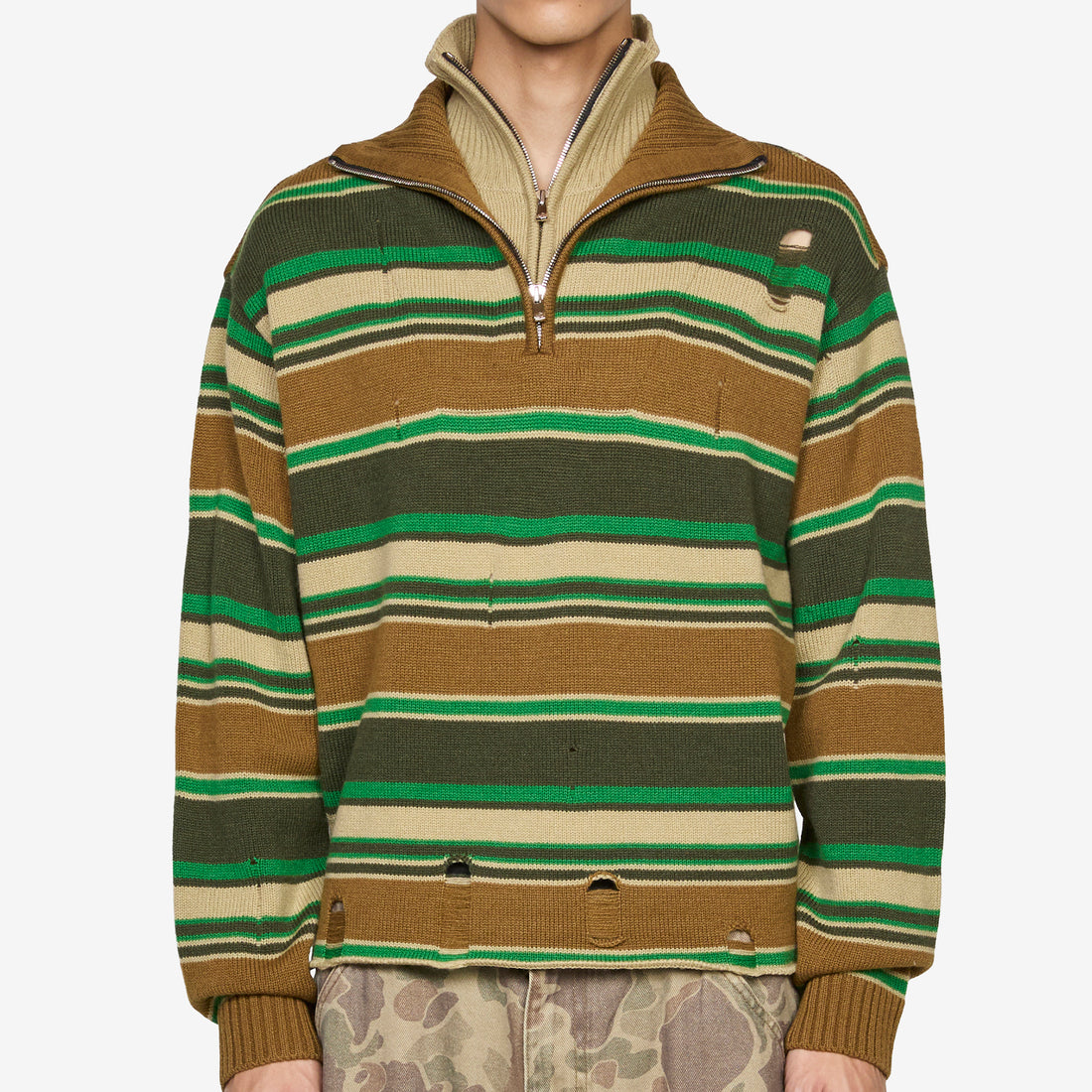 Double Layered Stripe Half Zip-Up Sweater Beige | Brown Jumpers