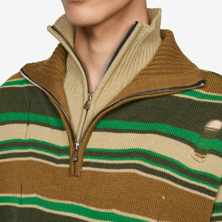 Double Layered Stripe Half Zip-Up Sweater Beige | Brown