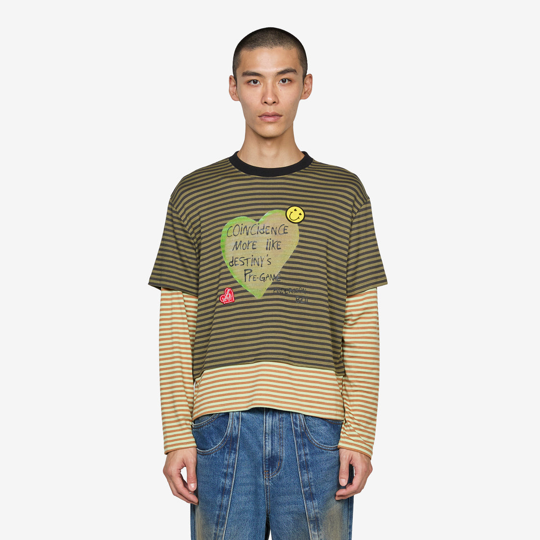 Heart Message Stripe Layered Longsleeve T-Shirt Khaki Tees