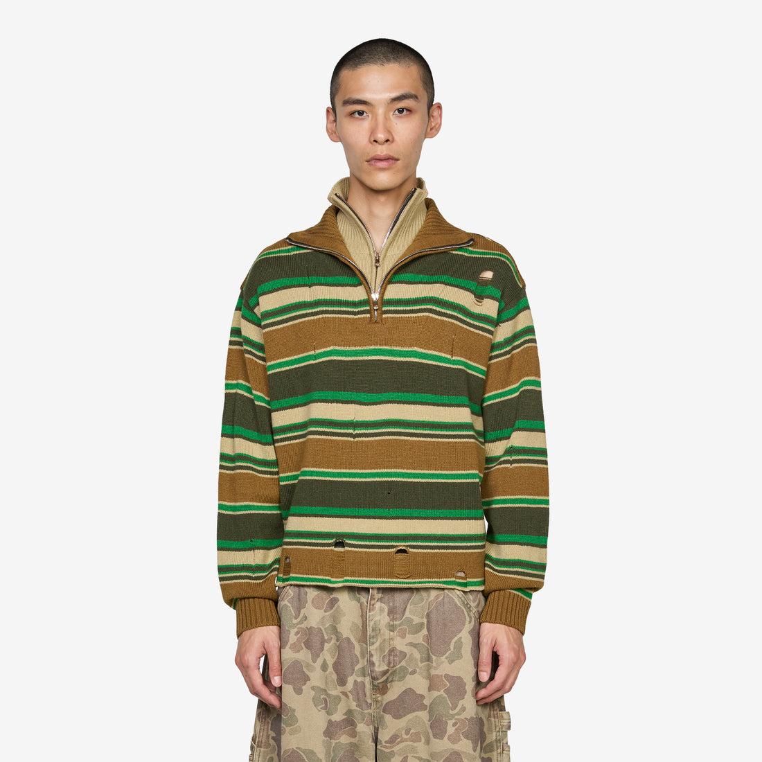 Double Layered Stripe Half Zip-Up Sweater Beige | Brown Jumpers