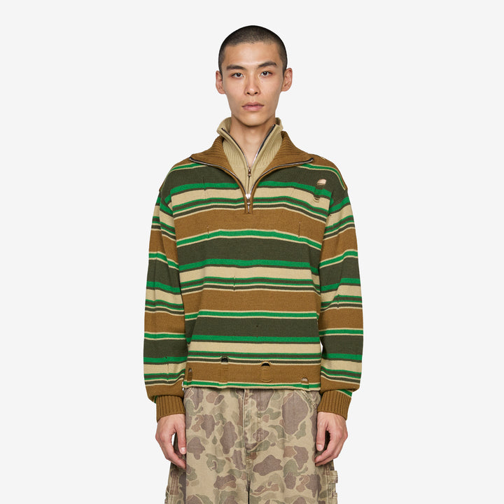 Double Layered Stripe Half Zip-Up Sweater Beige | Brown Front